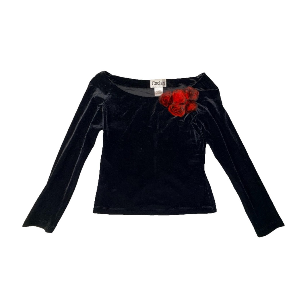 Cachet Black Velvet Womens Top Red Feathers Medium Gothic Whimsigoth Vintage 90s